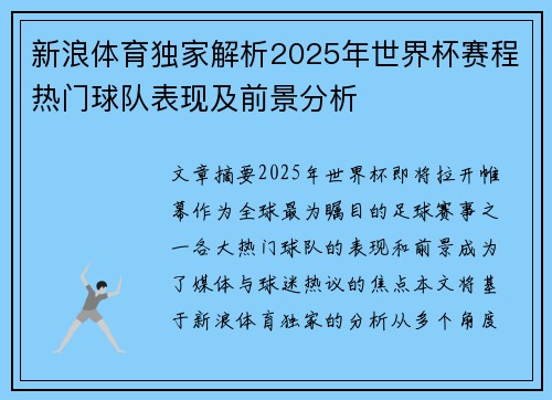 新浪体育独家解析2025年世界杯赛程热门球队表现及前景分析